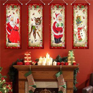 Large set of 4 Vintage Christmas Decorations Santa Claus Stretching Portraits